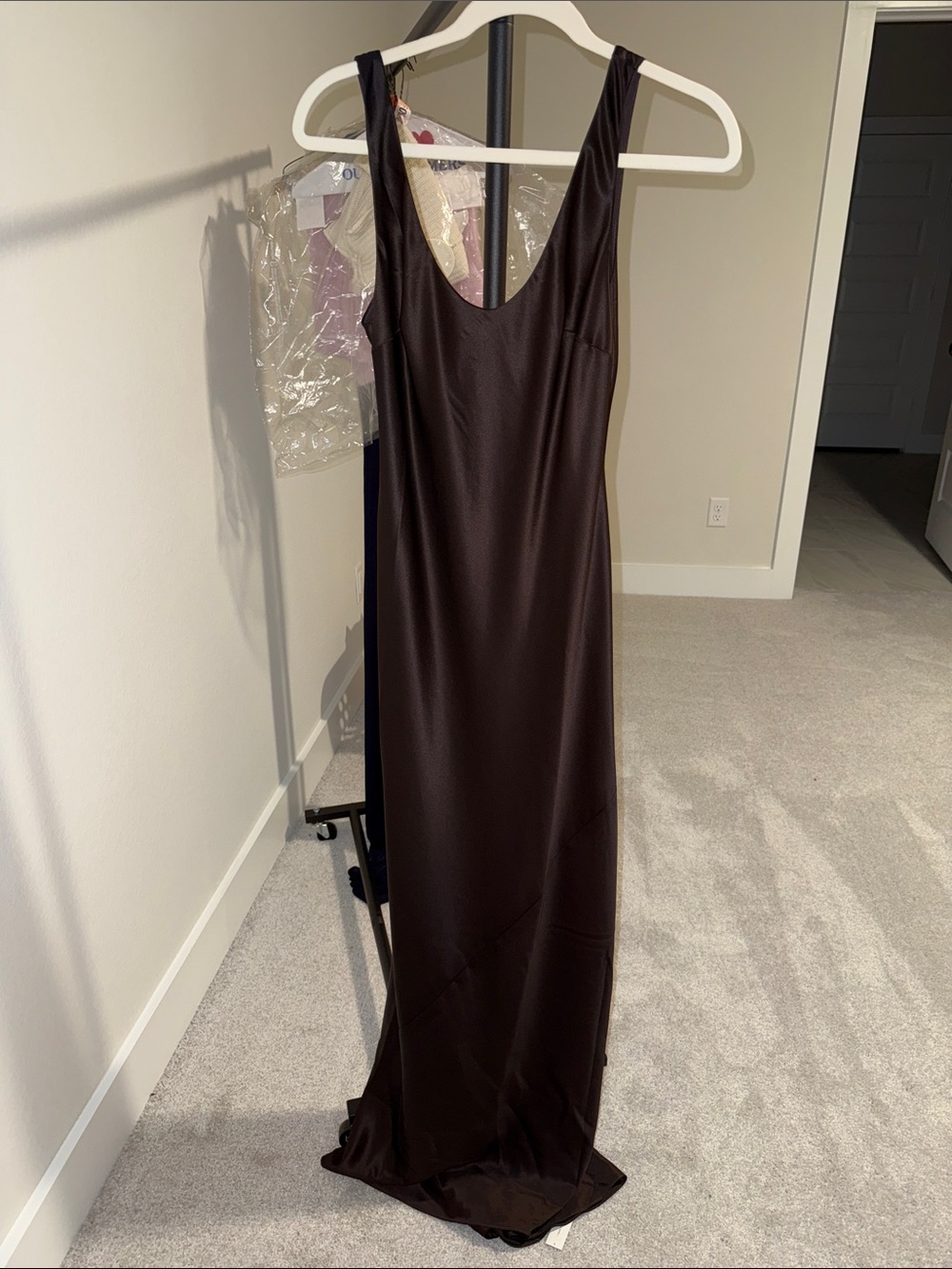 Reformation Dark Brown Satin Scoop Neck Maxi Dress